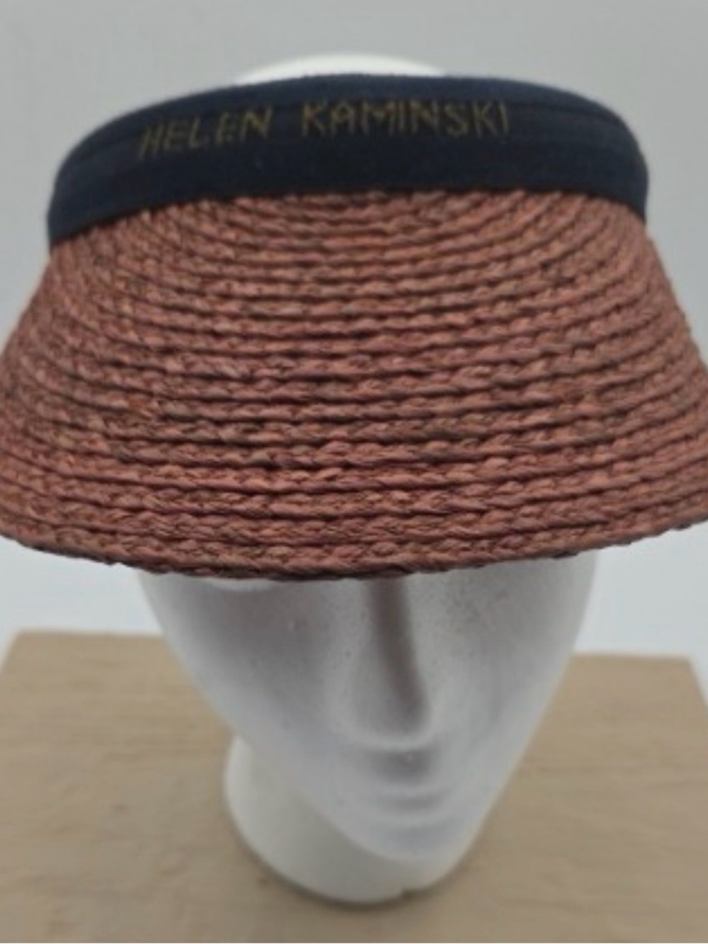 Helen Kaminski Tan/Brown Straw Visor with Navy Trim